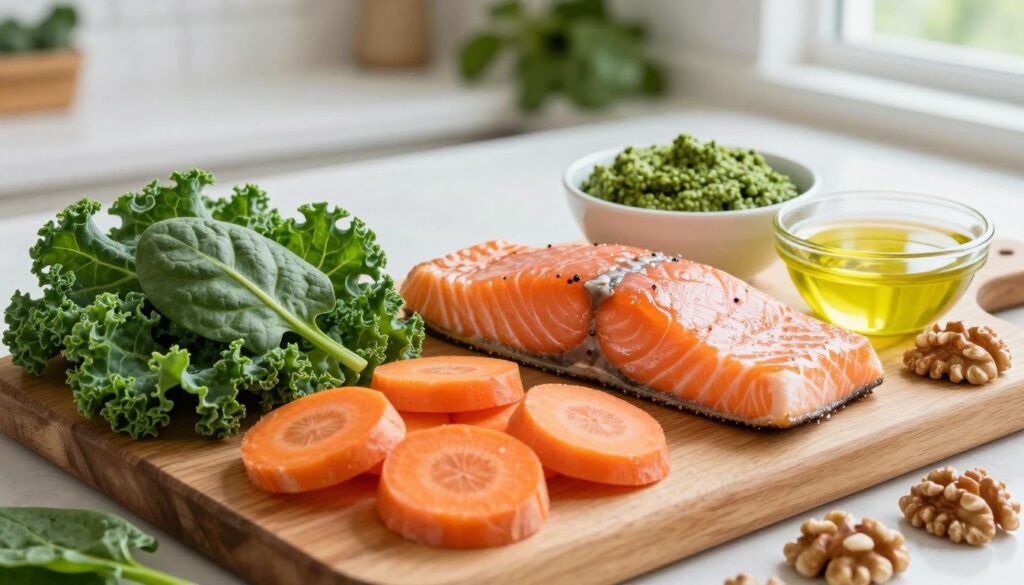 A vibrant and colorful arrangement of ingredients known to improve eye health, featuring kale, spinach, carrots, walnuts, and salmon. In the foreground, a wooden cutting board displays fresh kale and spinach leaves, bright orange carrots sliced into rounds, and a handful of walnuts. In the middle ground, a beautifully cooked salmon fillet glistens, surrounded by small bowls of bright green pesto and olive oil. The background shows soft-focus kitchen elements like herbs and spices, creating a warm and inviting atmosphere. Natural light streams in from a nearby window, highlighting the textures and colors of the ingredients, evoking a sense of health and vitality, ideal for promoting eye wellness through diet.