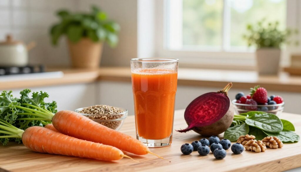 A vibrant, visually appealing kitchen scene focused on healthy foods that support eye health. In the foreground, a wooden table is beautifully arranged with bright carrots, kale, spinach, blueberries, and walnuts, showcasing their vibrant colors and textures. In the middle ground, a glass of fresh carrot and beet juice is glimmering, surrounded by small bowls of seeds and berries, exuding a sense of freshness. The background features soft-focus green plants and kitchen herbs, creating a warm, inviting atmosphere filled with natural light filtering through a nearby window. The overall mood is uplifting and nourishing, emphasizing a diet rich in antioxidants and vitamins beneficial for eye sight, with a shallow depth of field to enhance focus on the foreground elements.