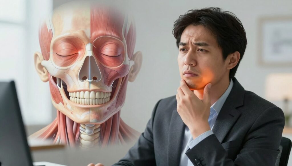 A visually engaging illustration depicting the connection between temporomandibular joint dysfunction (TMJ) and vision issues. In the foreground, a professional person in smart business attire, seated with a focused expression, is holding their jaw in a thoughtful manner. In the middle ground, anatomical illustrations of the jaw, eyes, and underlying muscles are intertwined, showing stress and tension visibly affecting the eye area. The background consists of a serene, softly blurred clinic environment to evoke a sense of professionalism and calm. The lighting is soft and warm, highlighting the subject's face while casting gentle shadows for depth. The mood is contemplative, aiming to reflect the complexities of how TMJ dysfunction could influence visual comfort.