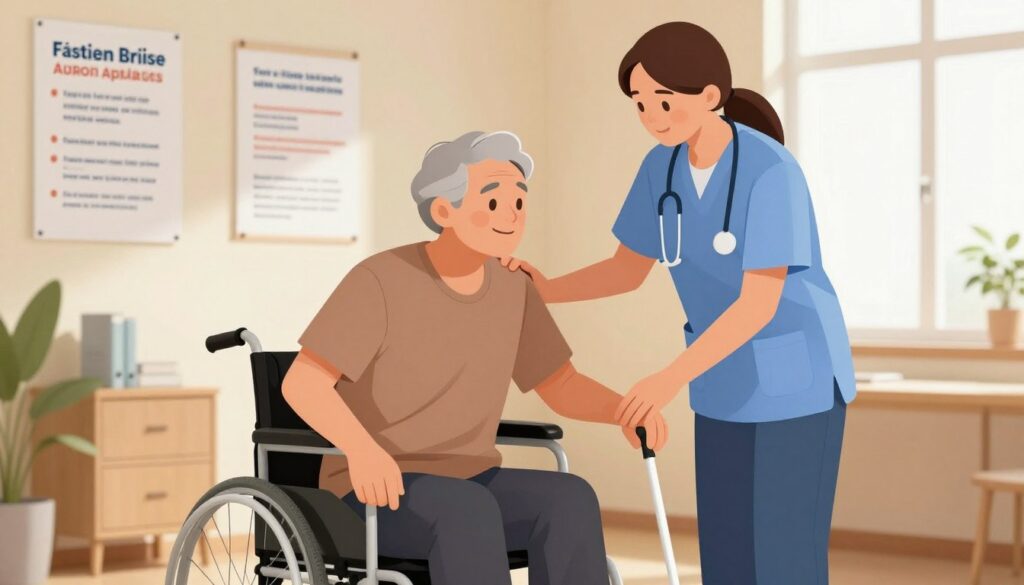 A visually striking illustration representing support services for individuals with visual impairments. In the foreground, a professional and compassionate caregiver assists a visually impaired person, guiding them gently with a white cane. The caregiver is in professional attire, showcasing empathy and understanding. In the middle ground, a warm and welcoming office environment with informational posters about financial assistance and support services related to vision impairment. The background features soft natural lighting filtering through a window, highlighting the warmth of the setting. Capture a positive and hopeful atmosphere, emphasizing the importance of community support and resources for those affected by vision loss. The image should evoke a sense of care and professionalism, with no text or branding present. A visually striking illustration representing support services for individuals with visual impairments. In the foreground, a professional and compassionate caregiver assists a visually impaired person, guiding them gently with a white cane. The caregiver is in professional attire, showcasing empathy and understanding. In the middle ground, a warm and welcoming office environment with informational posters about financial assistance and support services related to vision impairment. The background features soft natural lighting filtering through a window, highlighting the warmth of the setting. Capture a positive and hopeful atmosphere, emphasizing the importance of community support and resources for those affected by vision loss. The image should evoke a sense of care and professionalism, with no text or branding present.