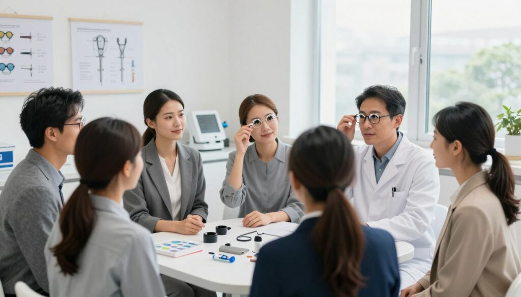 A visually striking image depicting alternative vision correction methods in a clinical setting. In the foreground, a diverse group of patients, dressed in professional business attire, consult with an eye care specialist, who demonstrates various non-laser options, such as orthokeratology lenses and prescription glasses. The middle ground features a well-organized treatment room with various eye care instruments and diagrams on the walls illustrating these alternatives. In the background, soft, natural light enters through large windows, creating a calming atmosphere and emphasizing the importance of personalized eye care. The scene should capture a sense of hope and professionalism, showcasing the advancements in vision correction without a focus on laser technology.