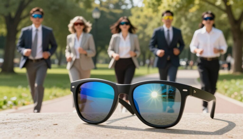 A visually striking image illustrating eye protection from UV rays and hazards. In the foreground, a pair of stylish sunglasses sits prominently, reflecting vibrant shades of blue sky and sun. In the middle ground, a diverse group of people, dressed in professional business attire, are engaged in outdoor activities like jogging and hiking, all wearing protective eyewear. In the background, a sunlit park setting features lush greenery, emphasizing the connection to nature. The lighting is warm and inviting, casting gentle shadows that enhance the scene's depth. The mood conveys a sense of awareness and responsibility towards eye health, with a focus on proactive care and protection against harmful elements. The composition should be clean and engaging, suitable for an informative article on eye safety. A visually striking image illustrating eye protection from UV rays and hazards. In the foreground, a pair of stylish sunglasses sits prominently, reflecting vibrant shades of blue sky and sun. In the middle ground, a diverse group of people, dressed in professional business attire, are engaged in outdoor activities like jogging and hiking, all wearing protective eyewear. In the background, a sunlit park setting features lush greenery, emphasizing the connection to nature. The lighting is warm and inviting, casting gentle shadows that enhance the scene's depth. The mood conveys a sense of awareness and responsibility towards eye health, with a focus on proactive care and protection against harmful elements. The composition should be clean and engaging, suitable for an informative article on eye safety.