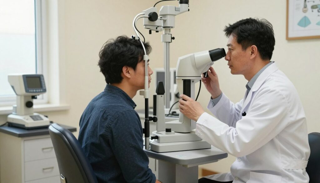 A well-lit examination room showcasing a detailed eye examination scene. In the foreground, a professional ophthalmologist in a crisp white lab coat examines a patient, who is seated comfortably in an adjustable chair. The patient, dressed in smart casual clothing, looks attentively at the ophthalmologist. In the middle ground, medical equipment like an autorefractor and a slit lamp are visible, highlighting the technological aspect of eye exams. The background features soft lighting with calming colors on the walls, creating a serene, focused atmosphere. A window lets in natural light, enhancing the welcoming vibe of the clinic. The overall mood is professional and reassuring, emphasizing the importance of qualifying examinations in eye care.