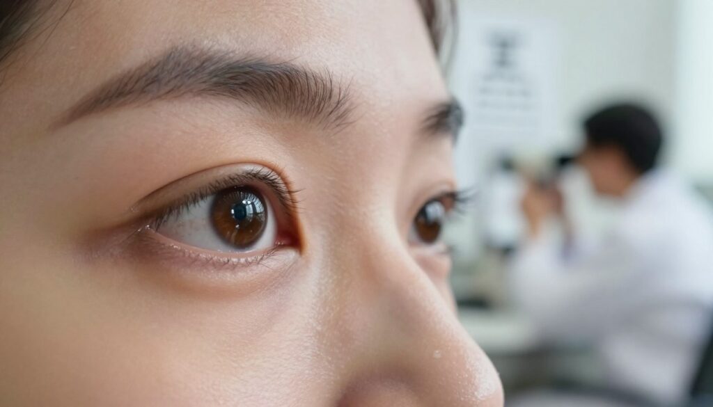 A well-lit, focused close-up of a pair of human eyes, one showing clarity and sharpness, while the other appears blurry and out of focus, symbolizing vision problems. The foreground features a subtle reflection of an eye chart to illustrate the concept of visual acuity testing. In the middle ground, soft bokeh of an office environment with neutral tones, suggesting a calm, professional atmosphere. The background includes a faint silhouette of a doctor observing the eyes through a comprehensive eye examination tool. Utilize natural lighting to create a clinical yet approachable mood, captured with a macro lens at eye level to emphasize detail and texture in the eyes.