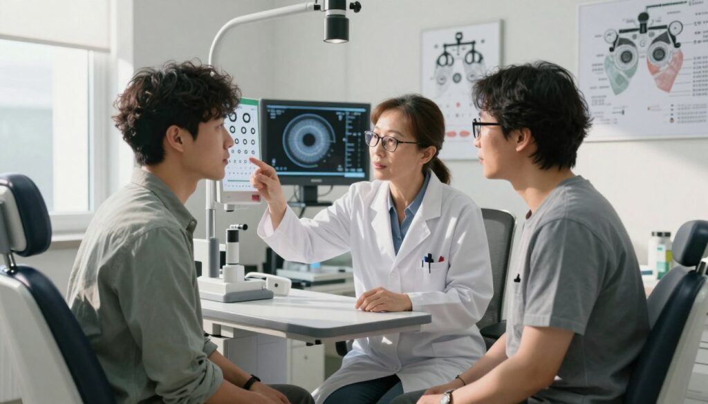 A well-lit medical examination room featuring an ophthalmologist in professional attire, closely examining a patient sitting in an optometric chair. The doctor, a middle-aged woman with glasses, is discussing the patient’s eye health, pointing to an eye chart and a digital display of eye scans in the background. The patient, a young man dressed in casual but modest clothing, appears attentive and slightly anxious. Natural light filters through a window, casting soft shadows across the room, enhancing the clinical yet welcoming atmosphere. The walls are adorned with medical diagrams related to vision correction procedures, contributing to the informative environment. The camera angle captures both the doctor and patient, with a depth of field that accentuates the focus on their interaction, creating a sense of trust and professionalism.