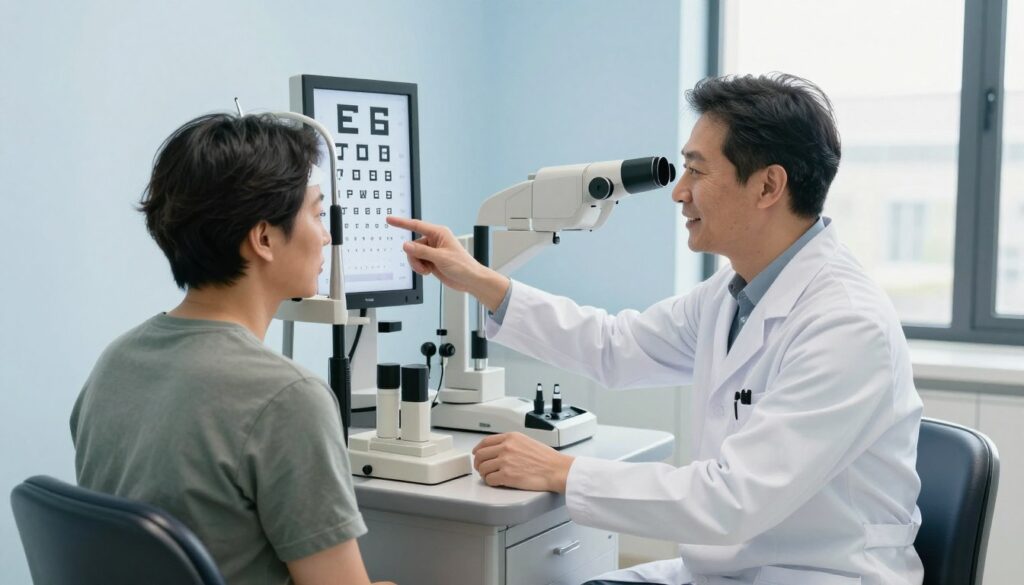 A well-lit optometry office featuring a professional eye examination setup. In the foreground, a patient wearing modest casual clothing sits on an examination chair, focusing intently on an advanced eye chart displayed in front of them. A friendly optometrist, dressed in a smart white lab coat, is guiding the patient through the eye test, using a phoropter. In the middle ground, various eye examination instruments like a slit lamp and a tonometer are neatly arranged on a side table. The background shows soft blue walls and an abundance of natural light filtering through a window, creating a calm and reassuring atmosphere. The overall mood is focused and professional, emphasizing the importance of regular eye check-ups in a healthcare setting.