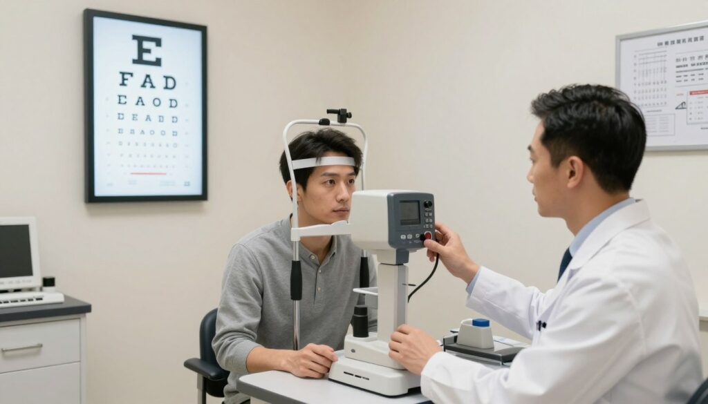 A well-lit, professional ophthalmology examination room featuring a modern eye test chart prominently displayed on the wall. In the foreground, a focused male optometrist in a white lab coat adjusts the settings of an eye testing device. He wears professional business attire underneath, exuding a reassuring and knowledgeable demeanor. In the middle ground, a patient, dressed in modest casual clothing, sits patiently at the eye examination station, looking attentively at the eye chart. Soft, diffused lighting creates a calm atmosphere, while medical instruments and charts are neatly arranged in the background to enhance the authenticity of the setting. The overall mood is professional and inviting, emphasizing the importance of proper preparation for eye acuity testing.