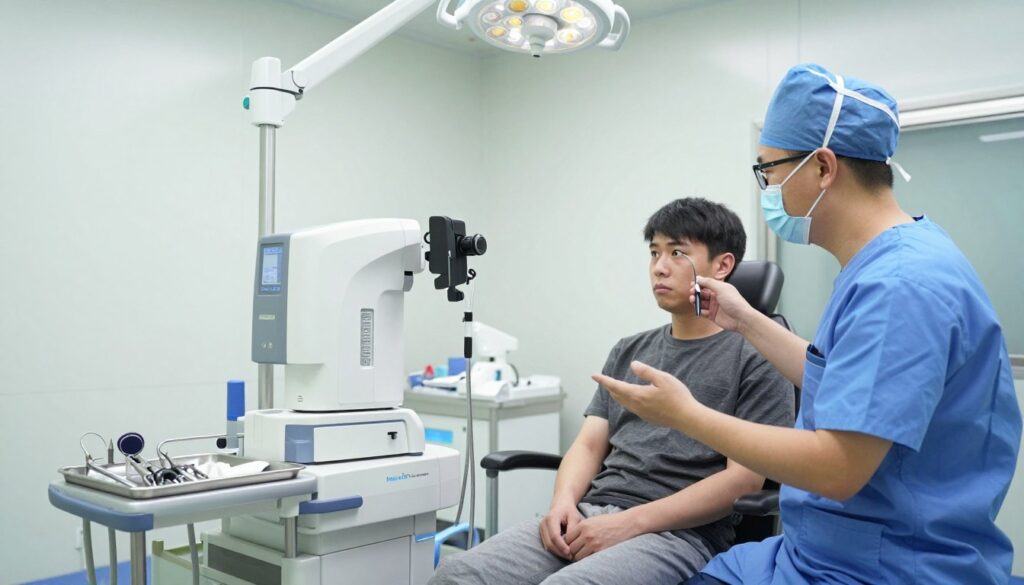 A well-organized, sterile operating room environment focused on laser eye surgery preparation. In the foreground, a medical professional in a blue surgical scrub and mask is calmly explaining the procedure to a patient seated on an examination chair. The patient appears attentive and slightly nervous, dressed in modest, casual clothing. The middle ground includes advanced medical equipment like a laser machine and various surgical instruments neatly arranged on a tray, all under bright, sterile lighting that enhances the clinical atmosphere. In the background, the clinical decor consists of light-colored walls and a large window allowing natural light to filter in, contributing to a sense of calmness and professionalism. The overall mood reflects a mix of anticipation and reassurance, emphasizing the importance of preparation for the laser eye surgery.