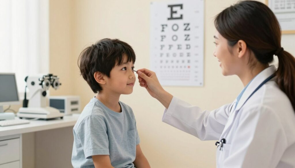 A young child sitting in a bright, welcoming optometry office, attentively looking at an eye chart on the wall. The child, a boy around 6 years old, is wearing a cozy, casual shirt. In the foreground, there’s a friendly optometrist, a woman in professional attire, demonstrating how to read the eye chart. The background features soft, natural lighting with calming pastel colors, promoting a soothing atmosphere. A variety of eye examination equipment is neatly arranged on a desk to the side, enhancing the clinical but inviting environment. The scene captures the essence of a vision test step by step, with clear focus on the interaction between the child and the optometrist, embodying a sense of trust and care.