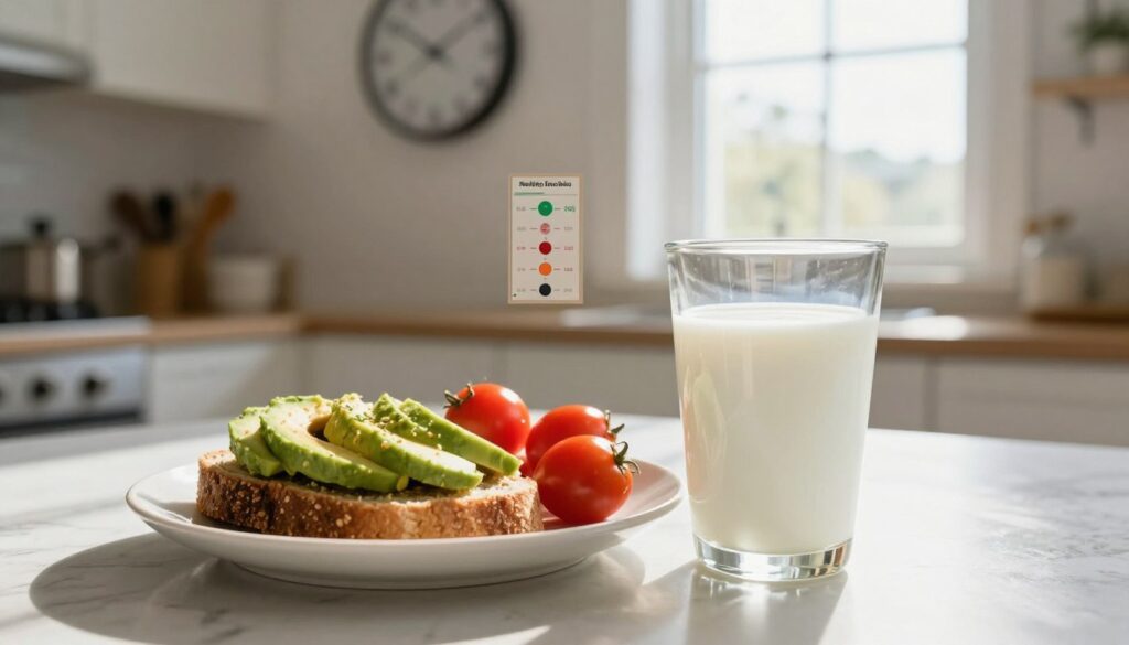 A beautifully arranged breakfast table featuring a glass of milk alongside a balanced meal. In the foreground, a clear glass filled with fresh, creamy milk reflects soft, natural light. Next to it, a portion of whole grain bread topped with avocado and cherry tomatoes is meticulously plated, showcasing vibrant colors. In the middle ground, a clock on the wall signifies the optimal time for consumption, while a healthy serving size guide is subtly integrated into the scene. The background features a bright kitchen with sunlight streaming through a window, creating a warm and inviting atmosphere. The overall mood is calm and informative, emphasizing the importance of mindful eating habits. No human subjects are present, ensuring a focus on the food and context. A beautifully arranged breakfast table featuring a glass of milk alongside a balanced meal. In the foreground, a clear glass filled with fresh, creamy milk reflects soft, natural light. Next to it, a portion of whole grain bread topped with avocado and cherry tomatoes is meticulously plated, showcasing vibrant colors. In the middle ground, a clock on the wall signifies the optimal time for consumption, while a healthy serving size guide is subtly integrated into the scene. The background features a bright kitchen with sunlight streaming through a window, creating a warm and inviting atmosphere. The overall mood is calm and informative, emphasizing the importance of mindful eating habits. No human subjects are present, ensuring a focus on the food and context.