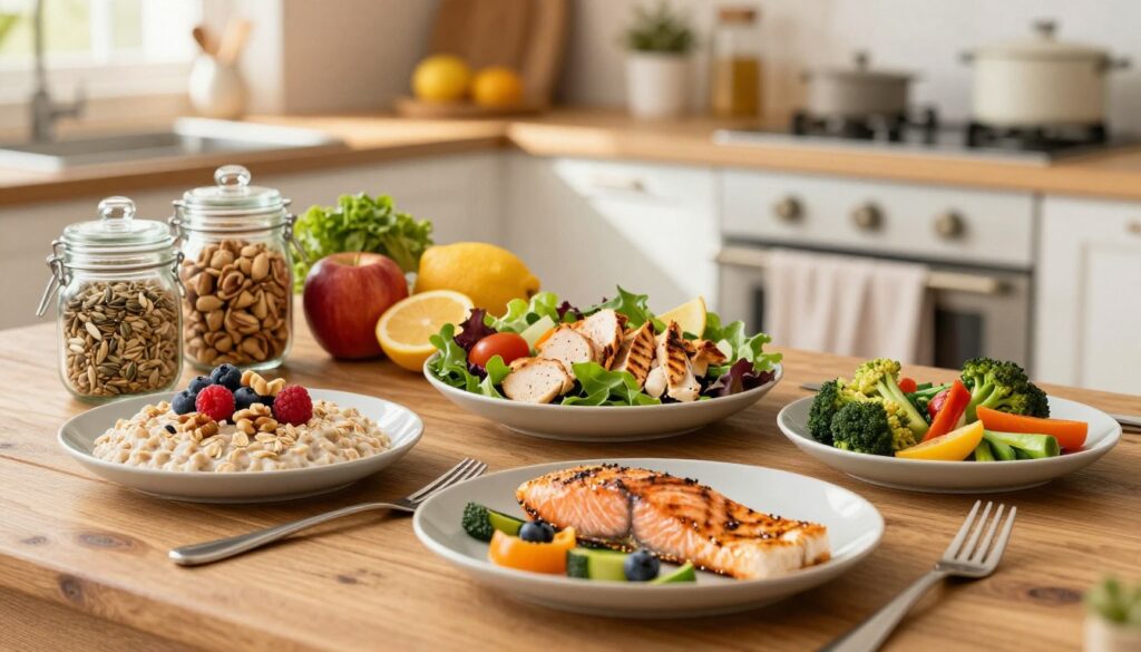 A beautifully arranged one-day meal plan for gestational diabetes, featuring a vibrant breakfast of oatmeal topped with berries and nuts, a refreshing salad with mixed greens and grilled chicken for lunch, and a wholesome dinner of baked salmon with steamed vegetables. The foreground includes a rustic wooden table setting with plates, cutlery, and healthy ingredients artistically displayed. The middle shows glass jars of nuts and seeds, as well as colorful fruits and vegetables, elegantly arranged to emphasize variety and nutrition. In the background, a softly lit kitchen with warm light creates a cozy atmosphere, enhancing the feeling of health and wellness. The overall mood is uplifting and nourishing, reflecting a thoughtful approach to diet management during pregnancy.