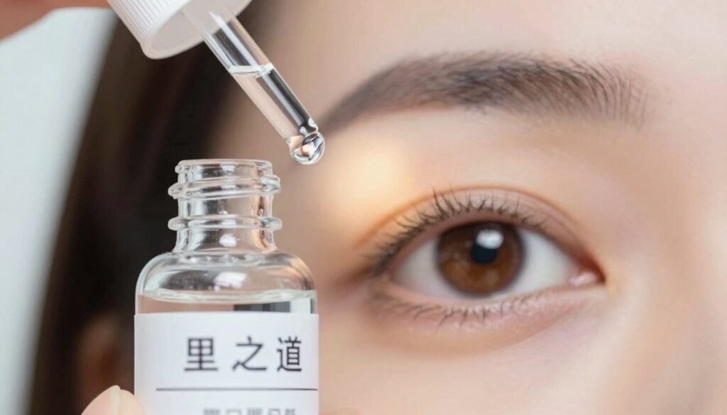 A clear and detailed close-up of an eye drop bottle labeled with a focus on moisturizing eye drops, positioned prominently in the foreground. The bottle is sleek and modern, with droplets forming on its opening to suggest freshness. In the middle ground, place a delicate eye, exhibiting signs of healing, with a soft glow around it to convey comfort. The background should be softly blurred, featuring warm, inviting colors to evoke a calming atmosphere, mimicking a well-lit clinical setting. The lighting is natural, enhancing the clarity of the drop bottle and eye without harsh shadows. Capture this scene from a slight angle to highlight both the eye and the drops, focusing on their role in eye care post-surgery.