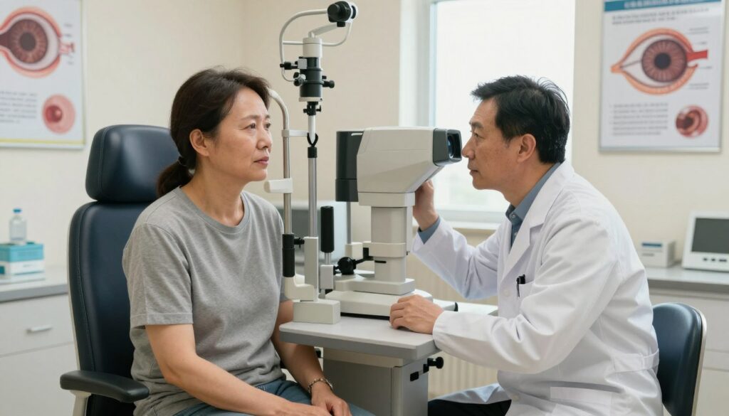 A clinical ophthalmology setting with a patient and an eye specialist in focus. In the foreground, the patient, a middle-aged individual wearing modest casual clothing, sits in an examination chair with a concerned but hopeful expression. The middle ground features the eye specialist, a professional in a white coat, using an advanced ocular examination device to monitor the patient's eye health. In the background, there are posters illustrating eye anatomy and glaucoma prevention tips. Soft, natural lighting from large windows adds a warm ambiance to the room, creating a sense of comfort and trust. The image conveys a mood of professionalism and care, emphasizing the importance of monitoring and follow-ups in treatment efficacy. A clinical ophthalmology setting with a patient and an eye specialist in focus. In the foreground, the patient, a middle-aged individual wearing modest casual clothing, sits in an examination chair with a concerned but hopeful expression. The middle ground features the eye specialist, a professional in a white coat, using an advanced ocular examination device to monitor the patient's eye health. In the background, there are posters illustrating eye anatomy and glaucoma prevention tips. Soft, natural lighting from large windows adds a warm ambiance to the room, creating a sense of comfort and trust. The image conveys a mood of professionalism and care, emphasizing the importance of monitoring and follow-ups in treatment efficacy.