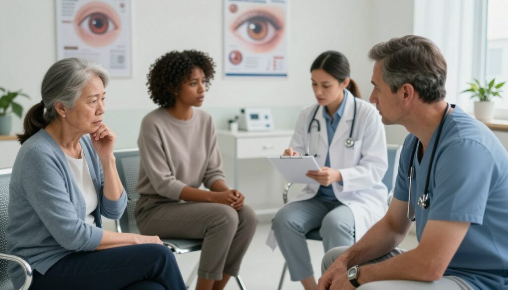 A clinical setting depicting a diverse group of patients at risk for retinal diseases, such as neovascular glaucoma. In the foreground, an elderly Asian woman and a middle-aged Caucasian man, both wearing professional attire, are seated in a comfortable waiting area, looking anxious and contemplative. In the middle ground, a healthcare professional, dressed in a white coat, is discussing test results with another patient, a young Black woman, who appears concerned. The background shows an ophthalmology office with medical posters about eye health, soft, diffused lighting illuminating the space to create a somber yet hopeful atmosphere. The image should be captured from a slightly elevated angle to provide a comprehensive view of the interactions and environment, emphasizing the importance of monitoring those at risk.