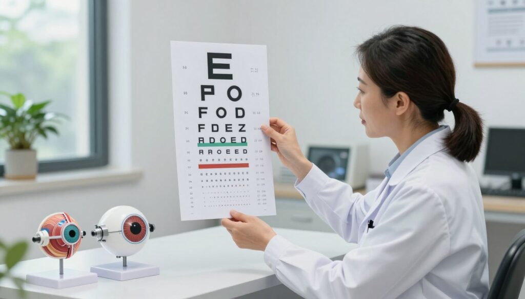 A clinical setting portraying an ophthalmologist in a modern doctor's office, examining a detailed eye chart that highlights various stages of eye health. Foreground: the doctor, a middle-aged Asian woman in a white lab coat, intently examining the chart with a focus on a diagram illustrating the risk of vision loss due to glaucoma. Middle ground: a consultation area with anatomical models of the eye and visual aids, emphasizing the importance of regular eye checks. Background: a bright, well-lit office with large windows showing greenery outside, creating a calm and professional atmosphere. Soft, diffused lighting to enhance the clinical setting while casting gentle shadows that add depth. The image conveys a sense of urgency and importance regarding eye health and treatment effectiveness. A clinical setting portraying an ophthalmologist in a modern doctor's office, examining a detailed eye chart that highlights various stages of eye health. Foreground: the doctor, a middle-aged Asian woman in a white lab coat, intently examining the chart with a focus on a diagram illustrating the risk of vision loss due to glaucoma. Middle ground: a consultation area with anatomical models of the eye and visual aids, emphasizing the importance of regular eye checks. Background: a bright, well-lit office with large windows showing greenery outside, creating a calm and professional atmosphere. Soft, diffused lighting to enhance the clinical setting while casting gentle shadows that add depth. The image conveys a sense of urgency and importance regarding eye health and treatment effectiveness.