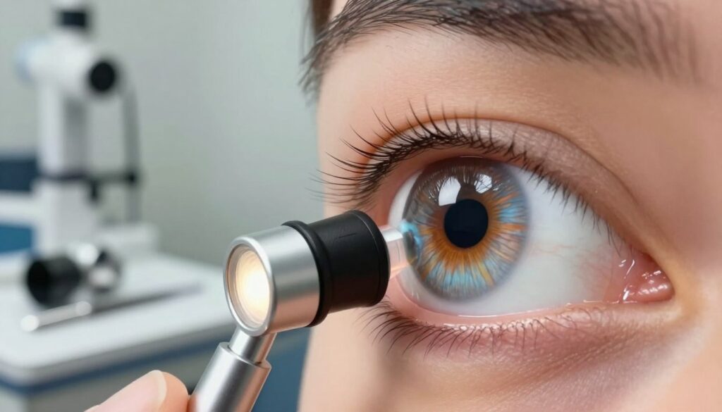 A close-up, highly detailed illustration of an eye undergoing gonioscopy, with a focus on the angle of drainage (kąta przesączania). The foreground features a small, illuminated slit lamp providing a soft, focused light on the eye, enhancing the clarity of the trabecular meshwork and Schlemms Canal. In the middle ground, medical instruments like a gonioscopy lens and additional eye examination tools are neatly arranged on a clinical surface. The background includes a softly blurred representation of a sterile examination room with neutral tones to convey a clinical atmosphere. The overall mood is professional and educational, highlighting the precision and importance of eye health assessments without distractions.