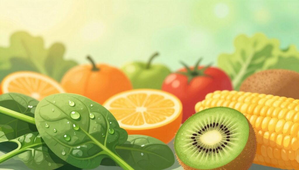 A close-up illustration of lutein and zeaxanthin, prominently displayed in various forms such as fresh leafy greens, bright orange and yellow fruits, and vibrant vegetables. The foreground features a clear shot of a spinach leaf with dewdrops reflecting light, symbolizing lutein, alongside slices of kiwi and corn for zeaxanthin. In the middle ground, a soft-focus assembly of various colorful fruits and vegetables creates an inviting display of natural eye health ingredients. The background is a gentle gradient of soft greens and yellows, evoking a serene and healthy atmosphere. The lighting is warm and natural, reminiscent of sunlight filtering through leaves, focusing on the textures and colors. This composition conveys a sense of vitality and wellness, capturing the essence of dietary support for eye health. A close-up illustration of lutein and zeaxanthin, prominently displayed in various forms such as fresh leafy greens, bright orange and yellow fruits, and vibrant vegetables. The foreground features a clear shot of a spinach leaf with dewdrops reflecting light, symbolizing lutein, alongside slices of kiwi and corn for zeaxanthin. In the middle ground, a soft-focus assembly of various colorful fruits and vegetables creates an inviting display of natural eye health ingredients. The background is a gentle gradient of soft greens and yellows, evoking a serene and healthy atmosphere. The lighting is warm and natural, reminiscent of sunlight filtering through leaves, focusing on the textures and colors. This composition conveys a sense of vitality and wellness, capturing the essence of dietary support for eye health.