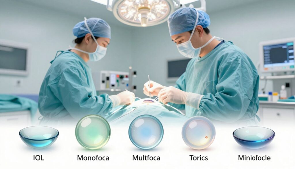 A close-up illustration of various types of intraocular lenses (IOLs) used for cataract surgery, showcasing their distinct shapes and features. In the foreground, display a selection of lenses, including monofocal, multifocal, and toric IOLs, each clearly labeled with their unique characteristics. In the middle ground, depict a surgical setting with a backdrop of a bright operating room, highlighting an ophthalmologist dressed in professional scrubs, focusing on the lens application process. The background should feature medical tools and a light-blue sterile drape. Soft, natural lighting brightens the scene, creating a calm and informative atmosphere. Aim for a detailed, realistic rendering that emphasizes the importance of lens options in eye health.