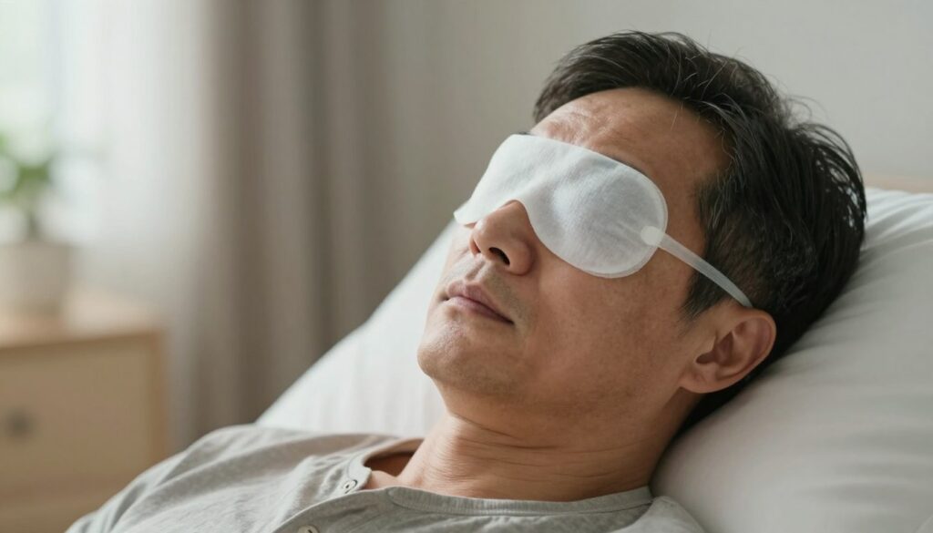 A close-up image of a patient wearing a protective eye patch after cataract surgery, set against a soft, neutral background that evokes a calm atmosphere. The patient is a middle-aged individual dressed in modest casual clothing, looking gently contemplative as they rest in a well-lit, cozy recovery room. Soft, natural light filters in through a window, creating a serene ambiance. The angle is slightly tilted, emphasizing the eye patch and the patient's thoughtful expression, while ensuring the focus remains on the eye area. The overall mood is tranquil and reassuring, symbolizing the importance of post-surgery care and recovery. The image should not include any text, captions, or watermarks.