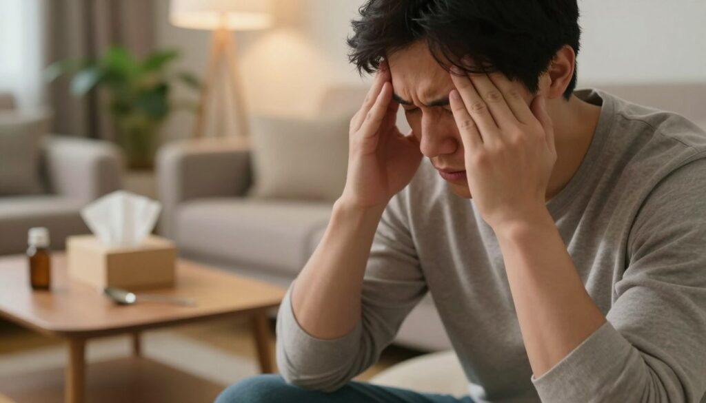 A close-up image of a person in modest casual clothing sitting in a comfortable home setting, holding their head in discomfort, showcasing symptoms of sinusitis and a cold. The foreground features a soft-focus face expressing mild distress, with a subtle outline of a teaspoon and a medicine bottle nearby. In the middle, a cozy living room with a warm light casting a gentle glow, plants in the background, and a tissue box on a wooden coffee table emphasizing the cold theme. The overall color palette is warm and muted, evoking a sense of calm yet uncomfortable atmosphere. The lighting is soft and diffused, creating a welcoming yet somber mood that reflects the challenges of dealing with sinus-related headaches.