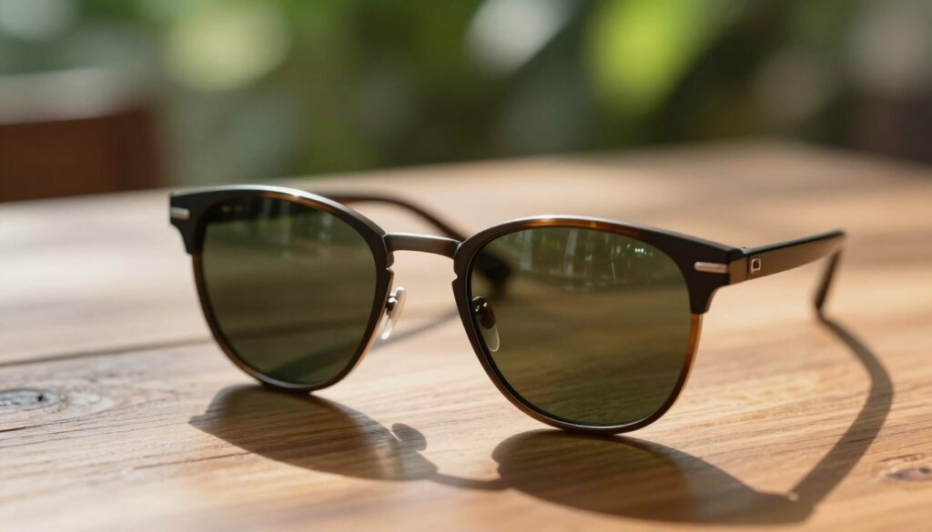 A close-up image of stylish sunglasses resting on a wooden table, symbolizing post-cataract surgery protection for the eyes. The foreground showcases the sunglasses with a glossy finish reflecting natural light, while the background features softly blurred greenery, suggesting a serene outdoor environment. Dappled sunlight filters through leaves, creating a warm, soothing atmosphere. The scene is shot from a slight overhead angle to emphasize the glasses and their significance in eye protection. The overall mood is calm and reassuring, focused on health and wellness post-surgery. There are no people in the image, ensuring a clean, distraction-free focus on the sunglasses.