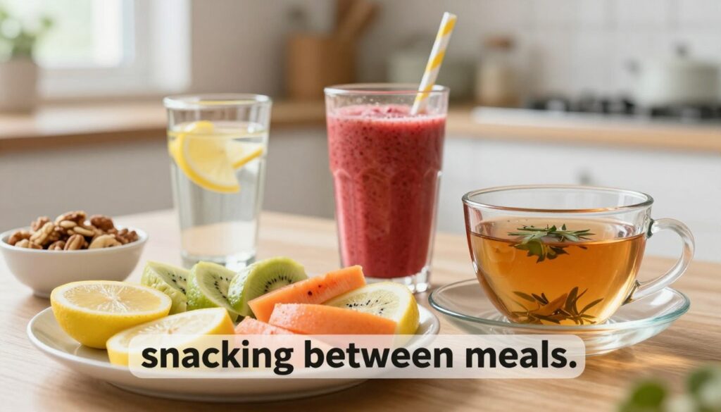 A close-up of a beautifully arranged table with various healthy snacks and drinks, emphasizing the concept of "snacking between meals." In the foreground, showcase a plate with sliced fruits, a small bowl of nuts, and a refreshing herbal tea. The middle ground features a glass of water with lemon slices and a vibrant smoothie, all appealing to the eye with bright colors. In the background, a soft-focus kitchen environment with natural light streaming in through a window, creating a warm and inviting atmosphere. The image exudes a sense of mindfulness and balance, highlighting healthy eating habits that are crucial for managing glucose levels. Emphasize clarity and detail in the food textures, making it an engaging visual for readers. A close-up of a beautifully arranged table with various healthy snacks and drinks, emphasizing the concept of "snacking between meals." In the foreground, showcase a plate with sliced fruits, a small bowl of nuts, and a refreshing herbal tea. The middle ground features a glass of water with lemon slices and a vibrant smoothie, all appealing to the eye with bright colors. In the background, a soft-focus kitchen environment with natural light streaming in through a window, creating a warm and inviting atmosphere. The image exudes a sense of mindfulness and balance, highlighting healthy eating habits that are crucial for managing glucose levels. Emphasize clarity and detail in the food textures, making it an engaging visual for readers.