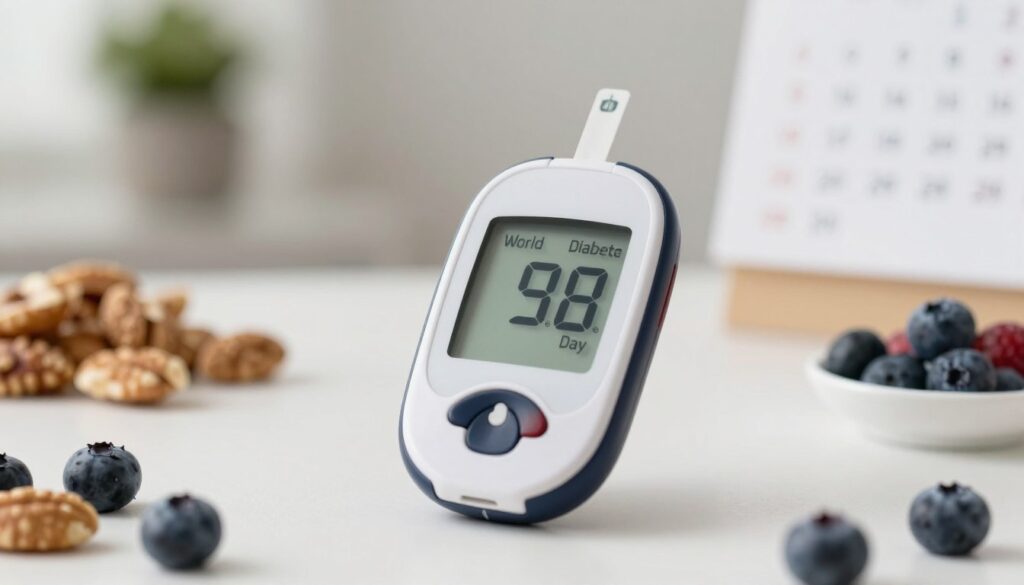 A close-up of a blood glucose meter displaying a reading, set on a clean, white surface surrounded by healthy snacks like nuts and berries. In the background, soft-focused elements of a cozy home environment can be seen, including a plant and a calendar marked with World Diabetes Day. The lighting is bright and inviting, suggesting a sense of hope and awareness. The photo uses a shallow depth of field to emphasize the glucose meter in the foreground while keeping the background blurred. The overall mood is positive and educational, conveying a sense of proactive health management and awareness related to diabetes.