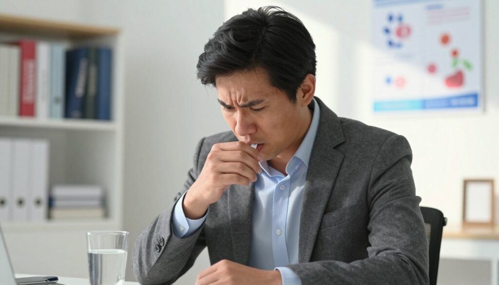 A close-up of a concerned individual in professional attire, seated in a bright, well-lit medical office, displaying signs of urgency and discomfort related to excessive thirst and frequent urination. The person's expression reflects anxiety, with their hand resting on a table beside a glass of water, emphasizing the theme of thirst. In the background, shelves filled with medical books and health-related posters convey a clinical environment. Soft, natural light filters through a window, casting gentle shadows, creating an atmosphere of seriousness yet hope. The focus is on the individual's facial expressions and body language, highlighting the health symptoms without showing any overt distress, perfectly capturing the essence of the symptoms prompting a blood sugar check. A close-up of a concerned individual in professional attire, seated in a bright, well-lit medical office, displaying signs of urgency and discomfort related to excessive thirst and frequent urination. The person's expression reflects anxiety, with their hand resting on a table beside a glass of water, emphasizing the theme of thirst. In the background, shelves filled with medical books and health-related posters convey a clinical environment. Soft, natural light filters through a window, casting gentle shadows, creating an atmosphere of seriousness yet hope. The focus is on the individual's facial expressions and body language, highlighting the health symptoms without showing any overt distress, perfectly capturing the essence of the symptoms prompting a blood sugar check.
