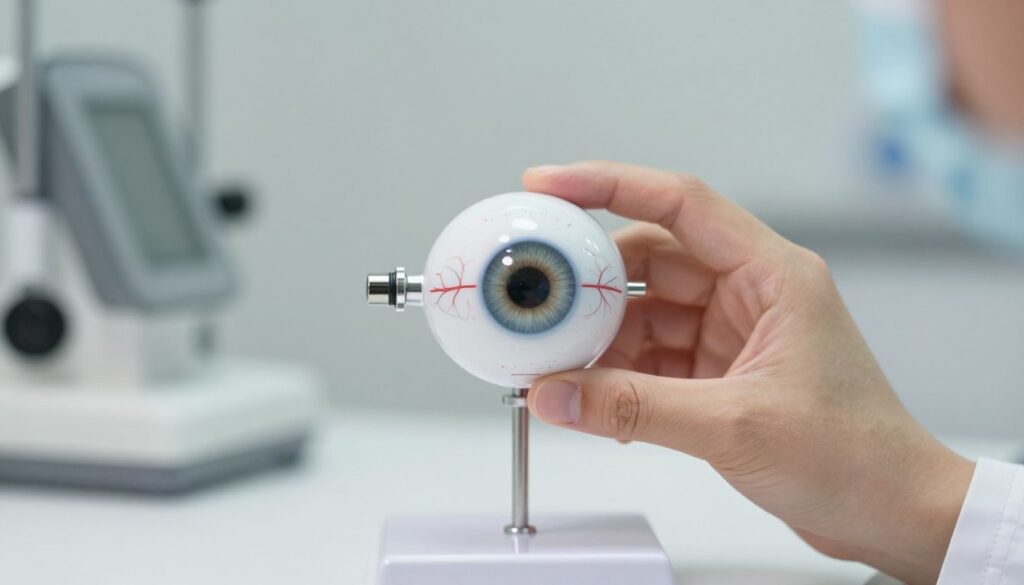 A close-up of a doctor's hand gently holding an eye model, symbolizing intraocular pressure. The eye model should depict intricate details such as blood vessels and the cornea, showcasing a clear representation of eye anatomy. In the background, a softly blurred medical office with sterile equipment and neutral colors creates a calm, professional atmosphere. The lighting is bright but soft, casting gentle shadows to enhance the details of the eye model. The focus is sharp on the model, with a shallow depth of field that subtly highlights the medical context while keeping distractions minimal. Overall, the image conveys a sense of care and expertise in eye health. A close-up of a doctor's hand gently holding an eye model, symbolizing intraocular pressure. The eye model should depict intricate details such as blood vessels and the cornea, showcasing a clear representation of eye anatomy. In the background, a softly blurred medical office with sterile equipment and neutral colors creates a calm, professional atmosphere. The lighting is bright but soft, casting gentle shadows to enhance the details of the eye model. The focus is sharp on the model, with a shallow depth of field that subtly highlights the medical context while keeping distractions minimal. Overall, the image conveys a sense of care and expertise in eye health.
