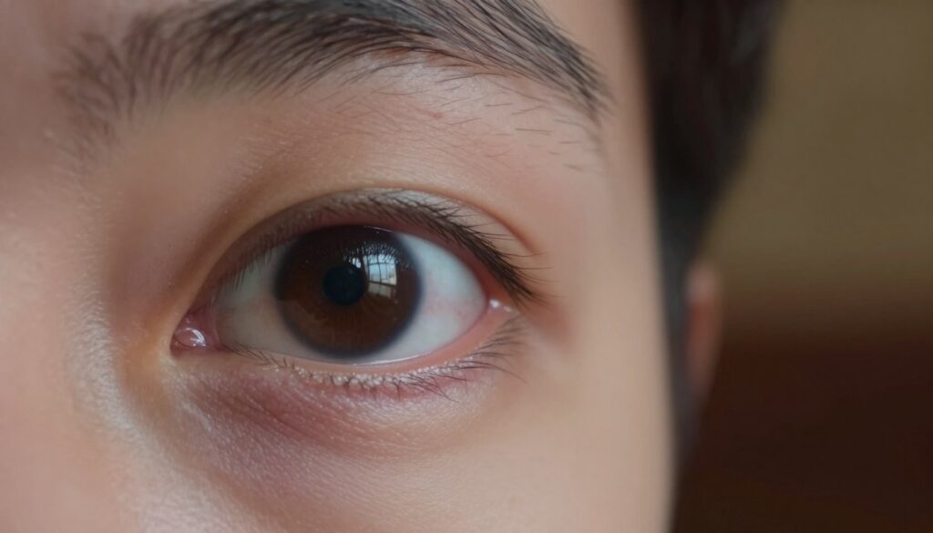 A close-up of a person's eye, showcasing early cataract symptoms with subtle visual distortions. The foreground features the eye in sharp focus, highlighting the lens's cloudy appearance and light refraction effects. In the middle ground, faint shapes of objects blur slightly, illustrating the visual challenges faced by those with early cataracts. The background is softly lit, depicting a dimly lit room with warm, comforting tones to evoke a sense of awareness and introspection. Use soft diffused lighting to minimize harsh shadows, capturing the mood of concern and realization. The image should convey the theme of unnoticed early signs of vision impairment without any text or distractions, emphasizing the importance of awareness.