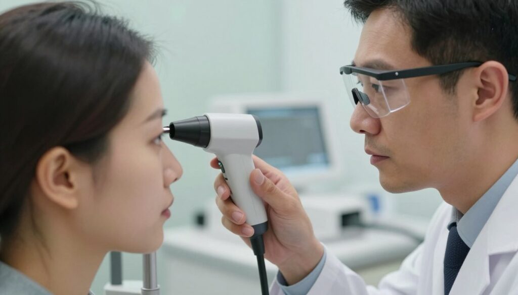 A close-up of a professional ophthalmologist examining the eye of a patient using a tonometer to measure intraocular pressure. In the foreground, the doctor, dressed in a white lab coat and safety glasses, is focused intently on the device, showcasing precision and expertise. In the middle, the tonometer is clearly visible, highlighting its intricate design with glowing measurement readings. The background features a modern eye clinic with soft, natural lighting that creates a calm and sterile atmosphere. The overall mood conveys professionalism and reassurance, emphasizing the importance of monitoring eye pressure in managing glaucoma. A shallow depth of field blurs the clinic's details, keeping the focus on the interaction between doctor and patient.
