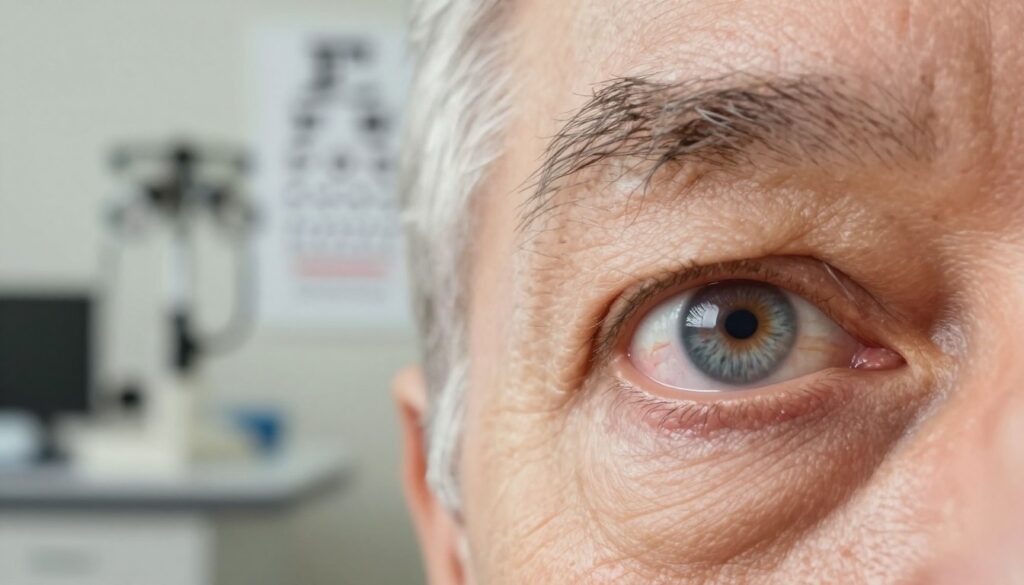 A close-up of an elderly person's eye showing the early symptoms of cataracts. The foreground focuses on the eye with distinct cloudy areas in the lens, contrasting with the iris and pupil. In the middle ground, a soft overlay of a medical chart with diagrams of eye anatomy, subtly blurred to avoid distraction, while the background features a softly lit ophthalmologist's office with equipment like an eye chart and phoropter. The lighting is warm and inviting, highlighting the details of the eye, enhancing the clarity of the cloudiness indicative of cataracts. The mood is informative and reassuring, conveying the importance of eye health without any text or distractions.