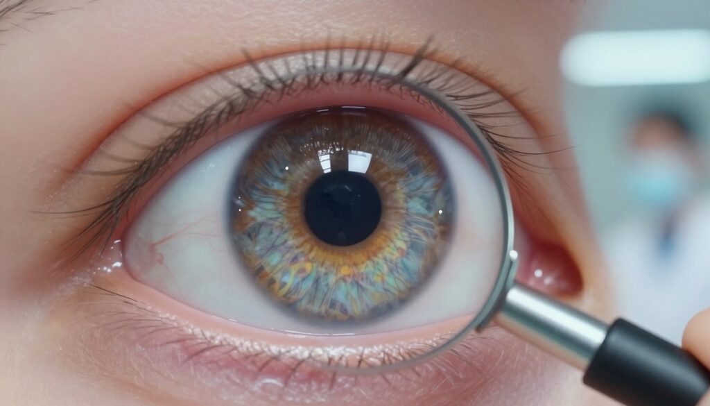 A close-up of the angle of the eye, specifically focusing on the drainage angle of the anterior chamber, highlighting the intricate details of the structures within the eye. The foreground features a stylized depiction of the cornea and iris, showcasing vibrant colors to illustrate the condition of the eye. In the middle ground, a magnifying effect enhances the trabecular meshwork, emphasizing its critical role in fluid drainage. The background is softly blurred, representing a medical environment with calming, diffused lighting that suggests urgency yet reassurance. The atmosphere conveys a sense of medical professionalism and seriousness, appropriate for a clinical context related to ocular health. The composition is shot from a slight downward angle, capturing the eye's anatomy while maintaining a sterile and safe representation. A close-up of the angle of the eye, specifically focusing on the drainage angle of the anterior chamber, highlighting the intricate details of the structures within the eye. The foreground features a stylized depiction of the cornea and iris, showcasing vibrant colors to illustrate the condition of the eye. In the middle ground, a magnifying effect enhances the trabecular meshwork, emphasizing its critical role in fluid drainage. The background is softly blurred, representing a medical environment with calming, diffused lighting that suggests urgency yet reassurance. The atmosphere conveys a sense of medical professionalism and seriousness, appropriate for a clinical context related to ocular health. The composition is shot from a slight downward angle, capturing the eye's anatomy while maintaining a sterile and safe representation.
