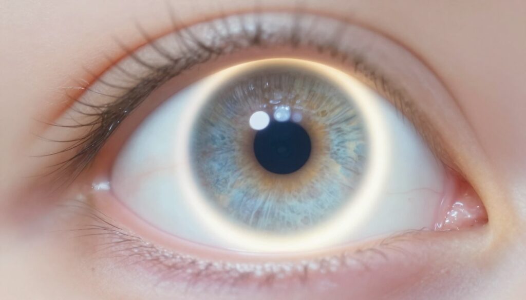 A close-up perspective of a human eye, showcasing a vivid "halo effect" that presents as a luminous ring around the iris. The eye is detailed with intricate textures visible in the sclera and cornea, highlighting the play of light. The halo is depicted in soft, glowing colors merging into whites and pastel shades, emphasizing its ethereal quality. The background features a blurred softly illuminated environment, invoking a sense of depth and tranquility. The lighting should mimic a natural daylight setting, creating a realistic and inviting atmosphere. The image focuses solely on the eye, capturing the optical phenomena without any additional elements, ensuring clarity and a professional appearance suitable for scientific illustration.