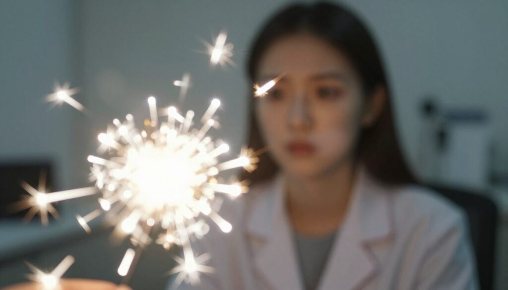 A close-up scene capturing the phenomenon of “światła,” representing vivid flashes of light as seen in a sudden eye condition. In the foreground, an abstract portrayal of bright white and golden lights sparkles, with lens flare effects creating a sense of urgency and visual disorientation. The middle ground features soft, blurred shapes mimicking the outline of a concerned person gazing towards the source of these lights, dressed in professional attire to suggest an atmosphere of calm amidst distress. In the background, a serene and dimly lit room hints at an eye examination setting, with gentle shadows enhancing the mood of contemplation and care. The lighting emphasizes the contrast between the intense brightness of the lights and the soothing, muted tones of the environment, evoking a sense of both alarm and the need for immediate help.