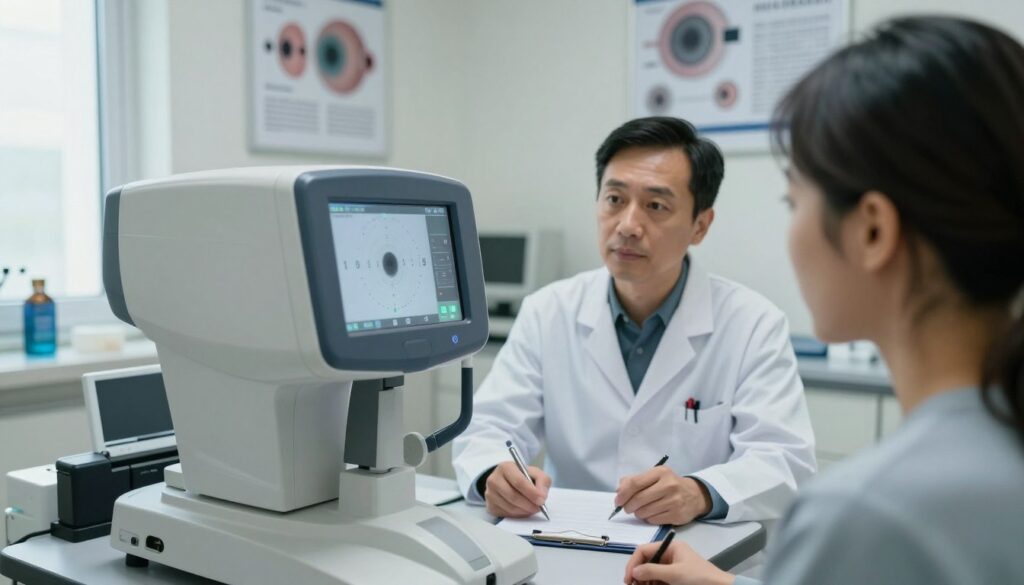 A close-up scene depicting a glaucoma field vision test in a clinical setting, featuring a patient sitting at an advanced ophthalmic device designed for visual field analysis. In the foreground, the apparatus is meticulously detailed, showcasing screens and controls illuminated with soft, clinical lighting. The middle ground captures a focused eye doctor, dressed in professional attire, attentively observing the patient while taking notes on a clipboard. In the background, the examination room is softly lit, with medical posters related to eye health, a window allowing natural light to filter in, and various ophthalmic equipment neatly arranged, conveying a sense of thoroughness and care. The atmosphere is calm and professional, embodying a critical moment in glaucoma diagnosis.