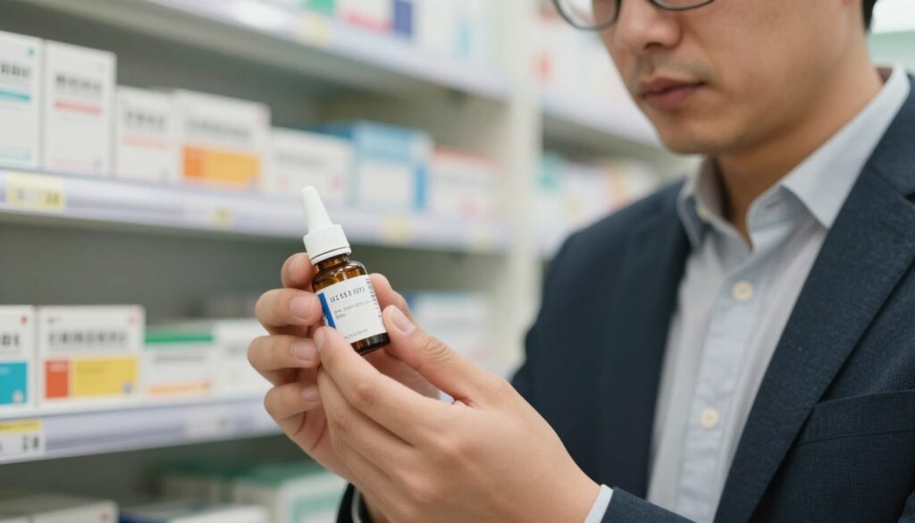 A close-up scene depicting a professional checking the expiration date and series number on a bottle of eye drops, specifically for glaucoma treatment. In the foreground, a person dressed in smart casual attire holds the bottle, examining the label with focused attention. The middle layer includes a blurred background featuring a pharmacy shelf stocked with various medical products and informational flyers. Soft, warm lighting creates a reassuring atmosphere, highlighting the importance of careful inspection. The camera angle should be slightly tilted, capturing both the bottle and the expression of the individual's determination and concern. The overall mood is serious yet hopeful, emphasizing the significance of verifying medication details.