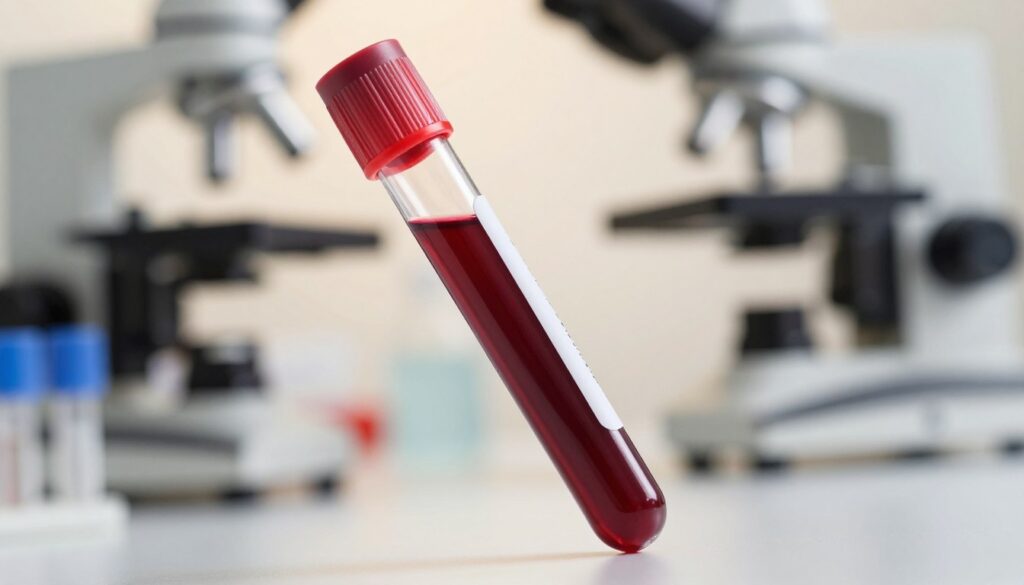 A close-up view of a blood sample in a transparent vial, placed prominently in the foreground, showcasing the rich, deep crimson color of the blood. Behind it, an abstract representation of a medical laboratory setting with softly blurred shadows of lab equipment, such as test tubes and microscopes, hinting at a clinical environment. The background should feature warm, diffused lighting that creates a professional yet inviting atmosphere. Subtle reflections on the vial's surface enhance the realism of the scene, while the image is captured from a slightly elevated angle to emphasize the details of the blood sample. Aim for a clean and sterile aesthetic to reflect the importance of blood tests in diagnosing diabetes.
