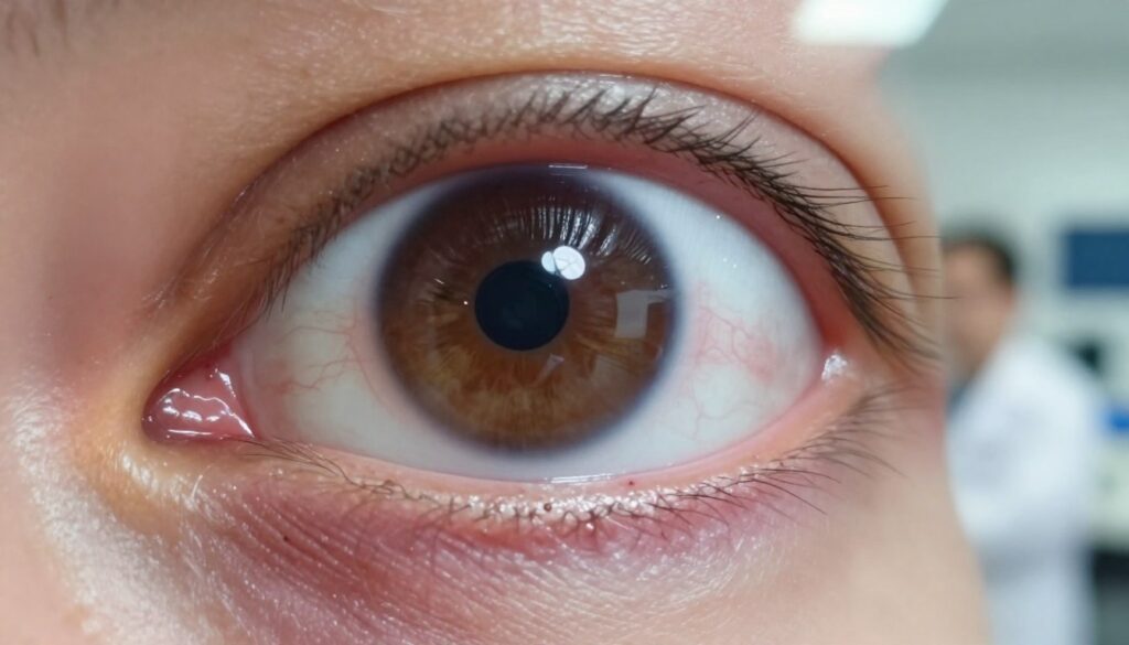 A close-up view of a human eye affected by glaucoma, showcasing distinct symptoms such as increased pressure, optic nerve damage, and a constricted field of vision. In the foreground, the eye displays clear signs of irritation and cloudiness, with a focused lens capturing detailed reflections of light. The pupil appears dilated, indicating abnormal responses to light, while subtle veins can be seen around the sclera, hinting at strain. In the middle ground, soft bokeh effects create a blurred background of an ophthalmologist's office, emphasizing clinical cleanliness with soft, diffused lighting. The atmosphere conveys a sense of urgency and concern while maintaining a professional and informative tone.