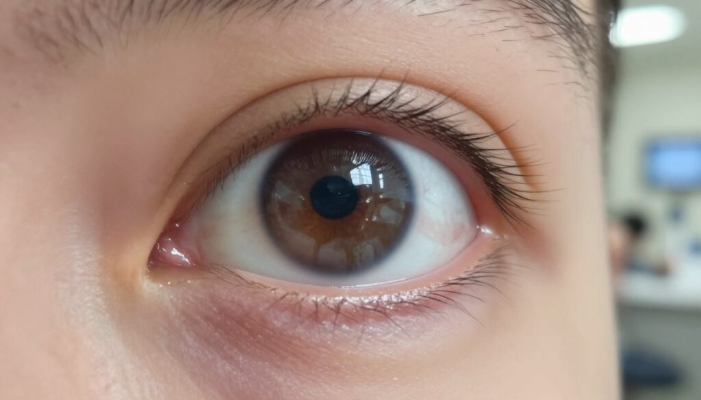 A close-up view of a human eye, clearly showing signs of secondary cataracts, with a slightly clouded lens, indicating blurred vision. In the foreground, the eye should be detailed, highlighting the iris and pupil while the cataract is subtly visible. The middle ground captures the light reflection off the eye’s surface, emphasizing a feeling of obstruction or foreign body sensation. The background is softly blurred, featuring calming medical elements like an ophthalmology exam room with soft, warm lighting to create a professional and reassuring atmosphere. The image should convey a sense of concern yet hope, inviting the viewer to understand the challenges of post-cataract surgery vision.