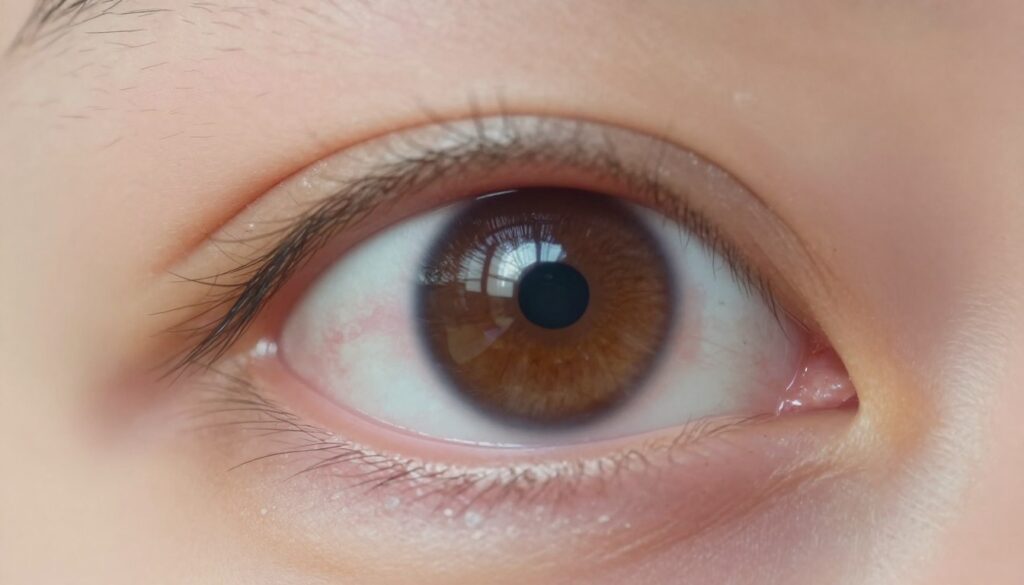 A close-up view of a human eye exhibiting symptoms of cataracts, featuring a cloudy lens that appears opaque and distorts vision. The eye should be shown in sharp detail, with a focus on the cornea and iris, capturing the variations in color and texture. The background is softly blurred, emphasizing the eye as the main subject, with warm and natural lighting to create a clinical yet serene atmosphere. Include subtle reflections in the eye to suggest depth and focus, evoking a sense of curiosity and concern about eye health. No text or people included, just a single eye in a minimalist setting.