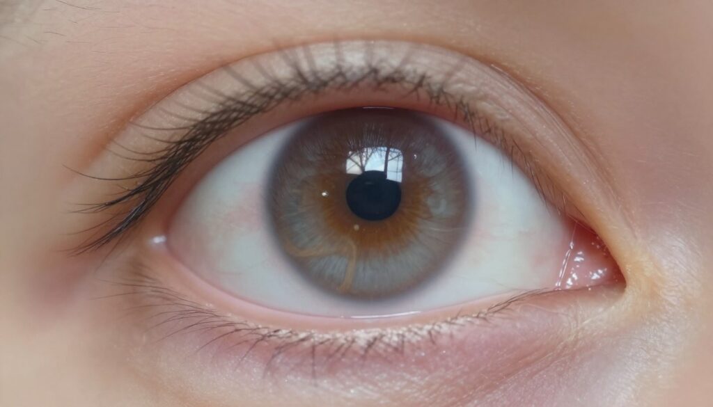 A close-up view of a human eye, focusing on the lens affected by cataracts. The foreground features the eye's intricate details, showcasing a cloudy, opaque lens that suggests the initial symptoms of cataracts. The middle ground includes a subtle light reflection on the cornea, emphasizing the visual distortion caused by the cataract. The background is softly blurred to suggest a neutral environment, enhancing the eye's focus. The lighting is soft and natural, mimicking daylight, to create an informative yet calm atmosphere. The overall mood should evoke curiosity and insight into the early signs of cataracts, aiming to educate viewers on the visual impact of this condition.