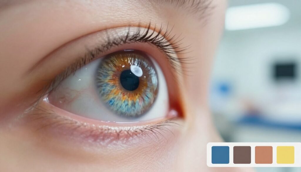 A close-up view of a human eye post-cataract surgery, showcasing a vibrant iris with colors appearing more vivid and distinct, symbolizing improved vision. The foreground features the eye in sharp focus, highlighting the details of the cornea and the pupil. In the middle ground, gently blurred, there is a subtle representation of various color palettes to illustrate the changes in perception post-surgery. The background shows a soft, diffused light creating a calming atmosphere, resembling a serene clinic environment. Use a macro lens perspective to enhance the clarity and depth of field, giving the image a sense of elegance and professionalism. The overall mood should convey a sense of hope and renewal, reflecting the journey to restored vision. A close-up view of a human eye post-cataract surgery, showcasing a vibrant iris with colors appearing more vivid and distinct, symbolizing improved vision. The foreground features the eye in sharp focus, highlighting the details of the cornea and the pupil. In the middle ground, gently blurred, there is a subtle representation of various color palettes to illustrate the changes in perception post-surgery. The background shows a soft, diffused light creating a calming atmosphere, resembling a serene clinic environment. Use a macro lens perspective to enhance the clarity and depth of field, giving the image a sense of elegance and professionalism. The overall mood should convey a sense of hope and renewal, reflecting the journey to restored vision.