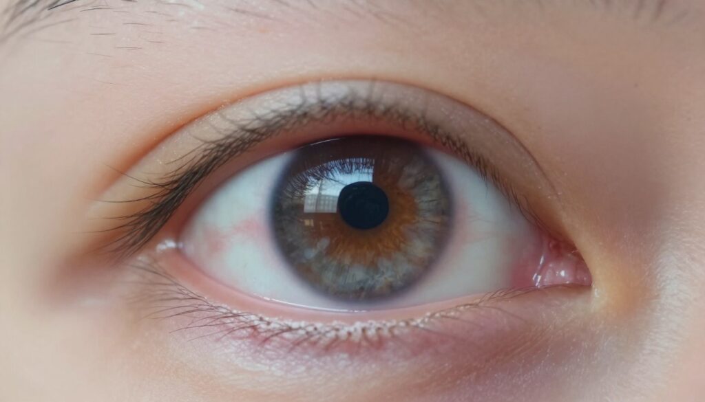 A close-up view of a human eye with visible signs of cataract formation, showcasing a cloudy lens and areas of haziness. In the foreground, focus on the eye's intricate details, capturing the iris's colors and texture, while the cloudy lens is prominently displayed, symbolizing the impact of injuries and environmental factors on vision. In the middle ground, include subtle representations of environmental elements such as faint city lights or trees blurred to suggest exposure over time. The background should be softly out of focus, creating a dreamy atmosphere. Use soft, diffused lighting to highlight the eye while maintaining a clinical feel. The composition should evoke a sense of awareness and understanding about the significance of eye health.