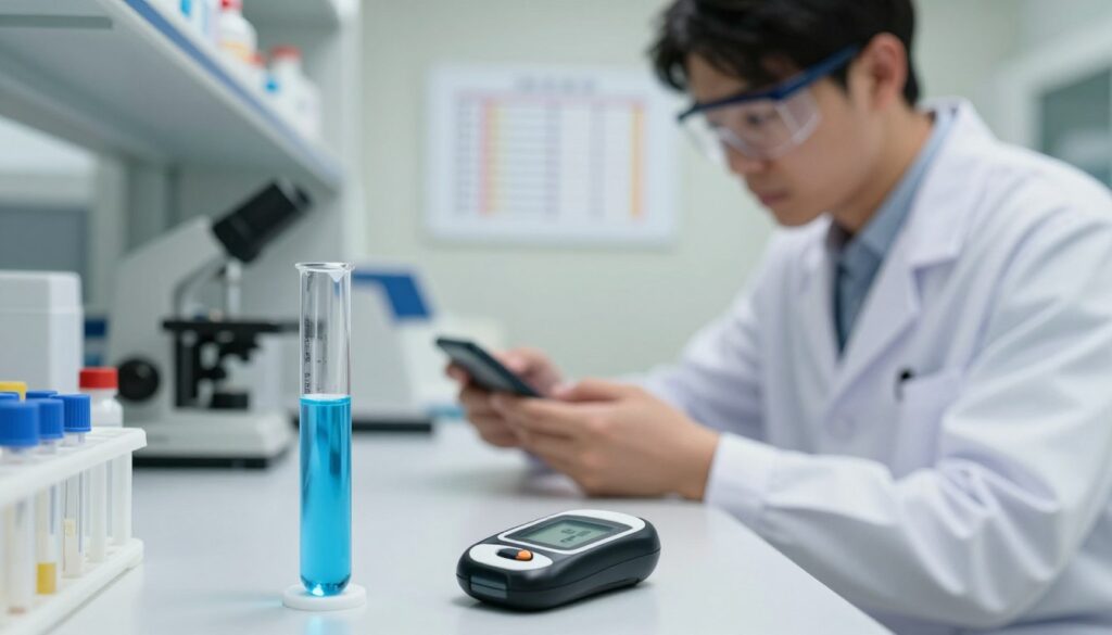 A close-up view of a laboratory setting focused on the analysis of glucose concentration levels in a clinical context. In the foreground, a clear test tube filled with a bright blue solution sits on a lab bench, with a glucose meter displaying results beside it. In the middle ground, a researcher, dressed in a white lab coat and safety goggles, examines the test results, showing focused determination. The background features shelves filled with medical equipment and charts depicting glucose levels and diabetes symptoms. Soft, natural lighting illuminates the scene, creating a calm and professional atmosphere, emphasizing the importance of precise testing in diagnosing diabetes in infants.