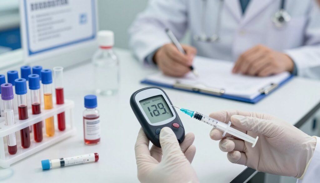 A close-up view of a laboratory setup that showcases a glucozy meter displaying a glucose reading, surrounded by test tubes filled with different colored liquids. In the foreground, a pair of gloved hands carefully hold a syringe, symbolizing the testing process. The middle ground features a white laboratory table with various medical instruments, including a blood sample vial and a glucose control solution. In the background, softly blurred, a medical professional in a lab coat reviews notes on a clipboard and a poster about diabetes testing hangs on the wall. The lighting is bright and clinical, creating a clean and focused atmosphere that conveys the seriousness of diabetic research. Capture the image from a slightly elevated angle to encompass the entire setup, while enhancing the detail and clarity of each element.