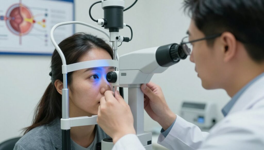 A close-up view of a medical examination room, focusing on an ophthalmologist conducting an eye examination for a patient with diabetes, who is dressed in professional attire. The ophthalmologist, wearing a white coat and glasses, uses an advanced retinal imaging device, illuminating the patient's eyes with a soft blue light. In the background, a wall chart displays diagrams of eye anatomy and nerve pathways, symbolizing the connection to neuropathy. The scene is well-lit, creating a sterile, clinical atmosphere. The mood is serious yet supportive, emphasizing the importance of early detection of eye complications in diabetic patients. Soft shadows enhance the depth, adding a sense of professionalism and care to the environment.
