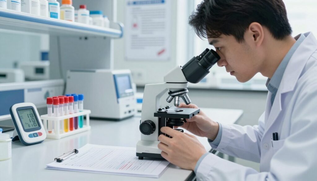 A close-up view of a medical professional in a modern clinic, examining blood samples for early detection of type 1 diabetes. In the foreground, a focused doctor in professional attire is peering through a microscope, with analytical charts of blood tests spread out on a clean, sleek desk. In the middle ground, there are test tubes filled with colorful liquids and a high-tech glucose monitor displaying critical data. The background features a bright, well-lit lab environment with shelves of medical supplies and posters explaining autoimmune conditions. Soft, natural lighting highlights the seriousness of the investigation, creating a clinical yet hopeful atmosphere emphasizing early diagnosis and risk assessment.