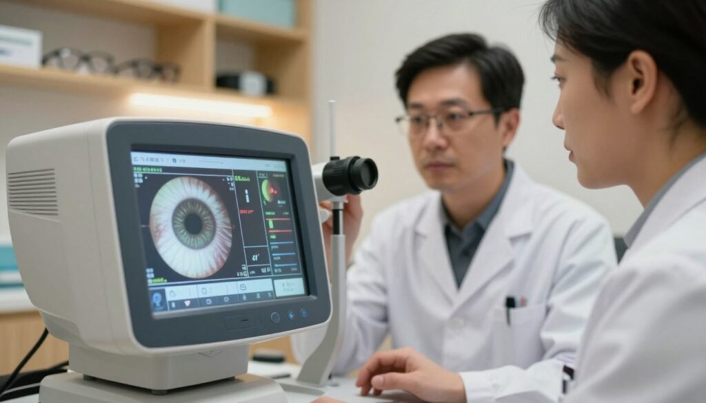 A close-up view of a modern eye examination room, focusing on an eye monitoring device displaying detailed metrics of vision health and cataract progression. In the foreground, the sleek device has clear screens showing real-time data and visual representations of the eye's condition. The middle ground features a practitioner in professional attire, attentively analyzing the readings with a concentrated expression. In the background, soft ambient lighting enhances the clinical environment, while shelves lined with eyewear and medical instruments create a sense of realism. The atmosphere is calm and focused, conveying the importance of regular eye monitoring in maintaining vision health. The angle is slightly tilted to emphasize the interaction between the practitioner and the device, inviting the viewer into this pivotal moment of medical observation.