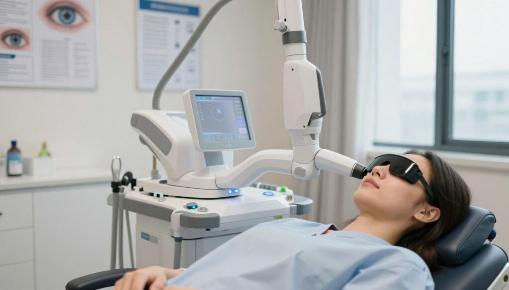 A close-up view of a patient in a modern clinic undergoing laser treatment for secondary cataract, with a focus on the laser equipment in action. In the foreground, show the patient reclining comfortably in a medical chair, wearing a protective eye shield, dressed in a hospital gown. The middle layer should highlight the advanced laser apparatus, emitting a soft blue light, with various buttons and screens indicating its high-tech features. In the background, depict a well-lit examination room with medical charts and posters about eye health on the walls, and a large window allowing natural light to flood the space. The mood should be calm and reassuring, conveying a sense of professionalism and care in the post-procedure environment. Use soft lighting to create an inviting atmosphere that emphasizes safety and tranquility.